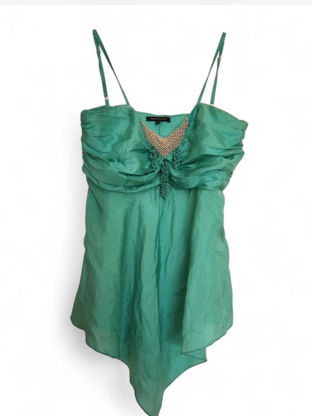 Silk Tara Jarmon Emerald Green Beaded Spaghetti Strap Camisole